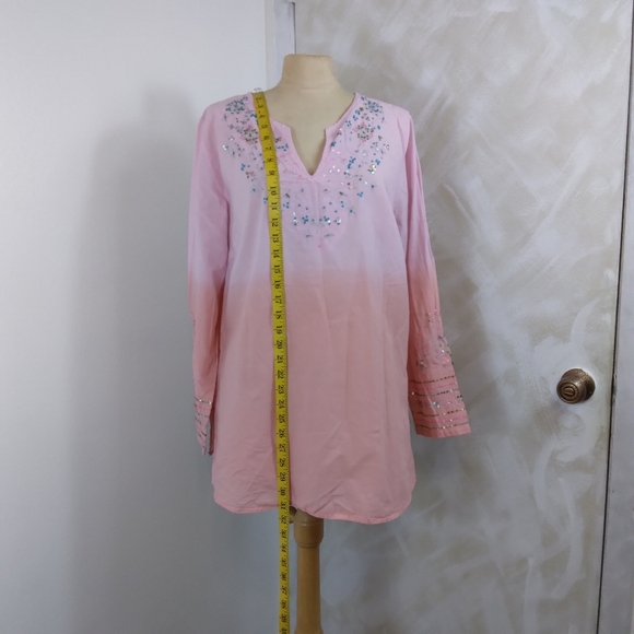 Cotton Sequin V-Neck Pink Ombre Lightweight Blouse - Picture 5 of 7